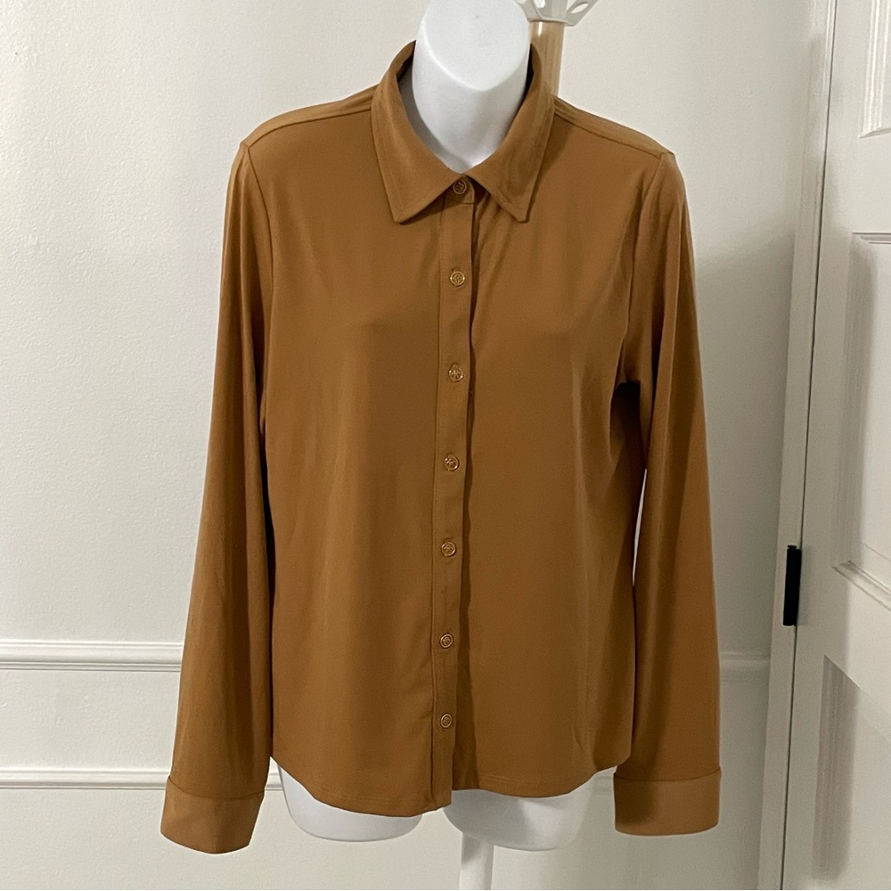 Tahari Button Up Shirt Long Sleeve Golden Brown